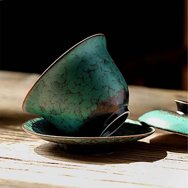 Ensemble de tasses à thé Gaiwan en céramique émaillée verte rétro 180 ml