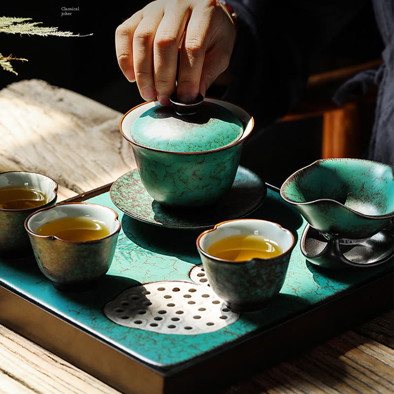 Ensemble de tasses à thé Gaiwan en céramique émaillée verte rétro 180 ml