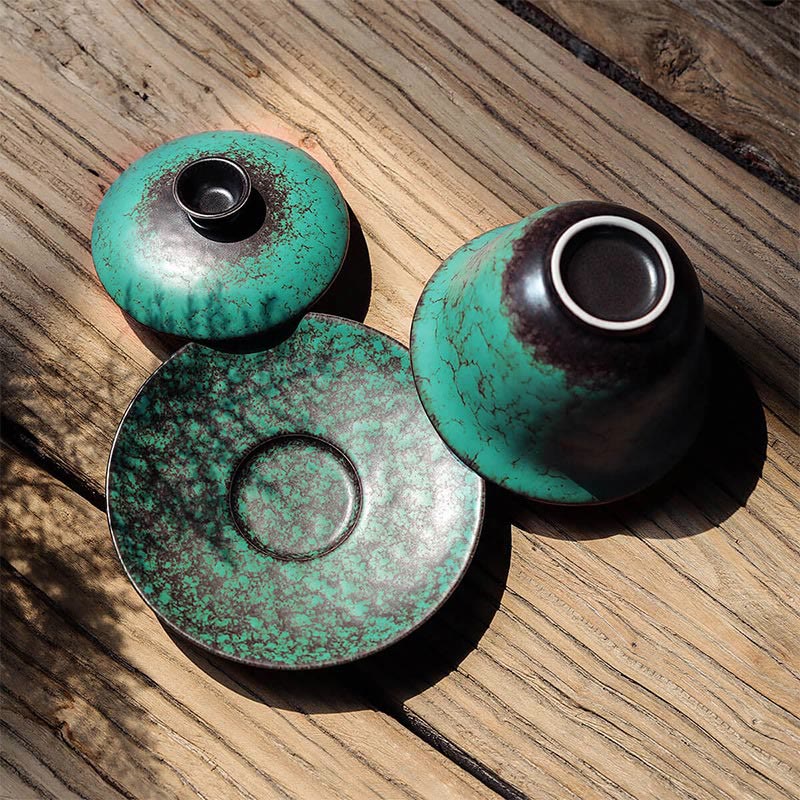 Ensemble de tasses à thé Gaiwan en céramique émaillée verte rétro 180 ml