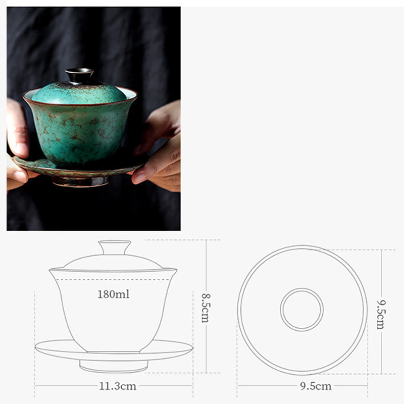 Ensemble de tasses à thé Gaiwan en céramique émaillée verte rétro 180 ml