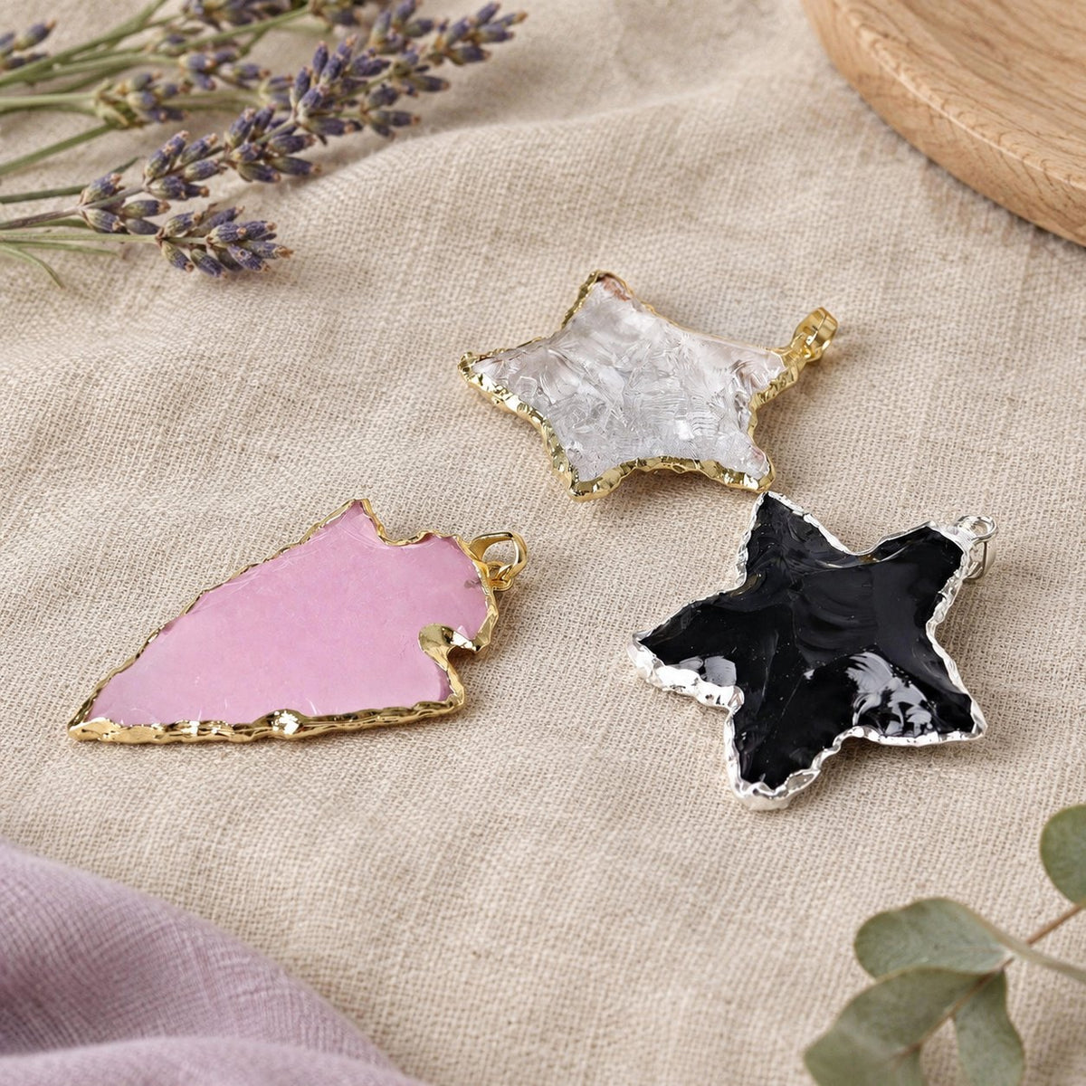 Raw Rose Quartz, Black Obsidian & Clear Quartz Star Pendants 1 inch, all three pendants at another angle