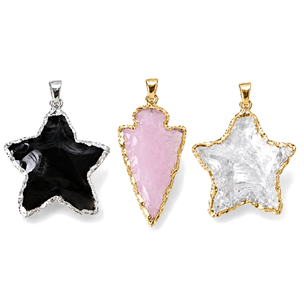 Raw Rose Quartz, Black Obsidian & Clear Quartz Star Pendants 1 inch, every variant on a white background