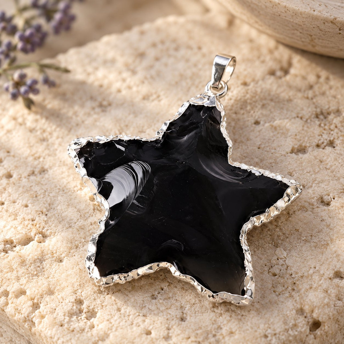 Raw Rose Quartz, Black Obsidian & Clear Quartz Star Pendants 1 inch, close-up of the material and finish
