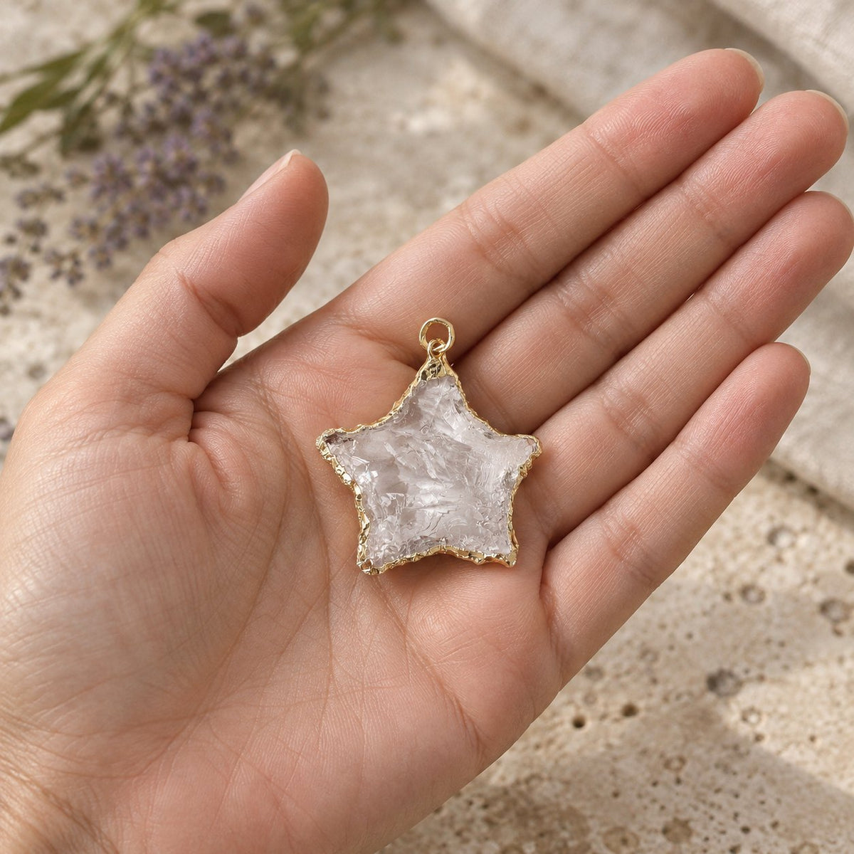 Raw Rose Quartz, Black Obsidian & Clear Quartz Star Pendants 1 inch, held in the hand to show its real size