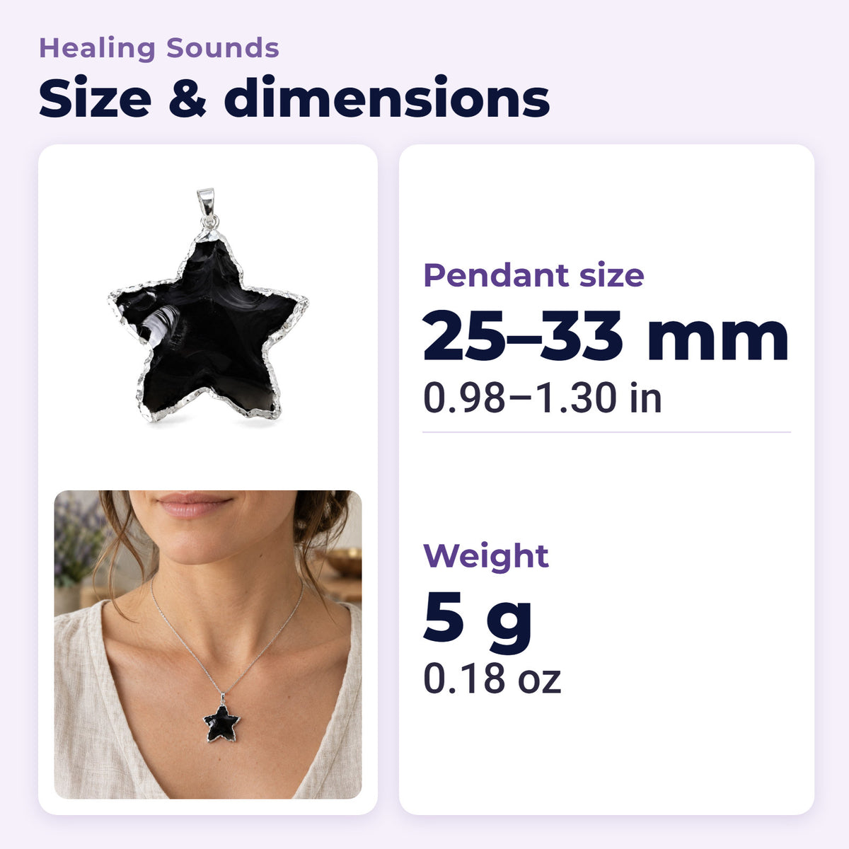 Raw Rose Quartz, Black Obsidian & Clear Quartz Star Pendants 1 inch, size and dimensions in millimetres and inches