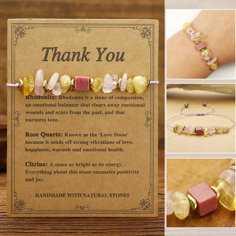 Bracelet de remerciement en quartz rose, citrine, rhodonite, 14-24 cm