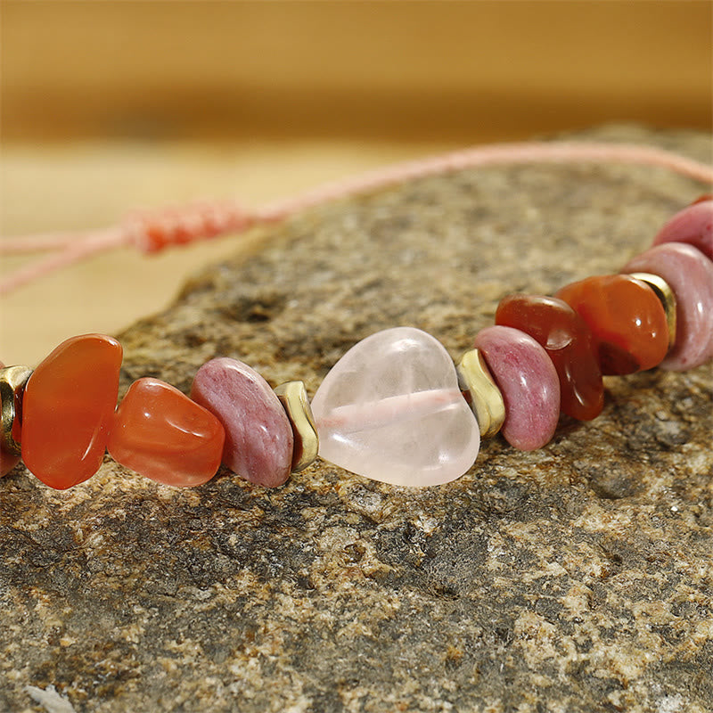 Bracelet de relations en quartz rose avec rhodonite et cornaline pour l'amour