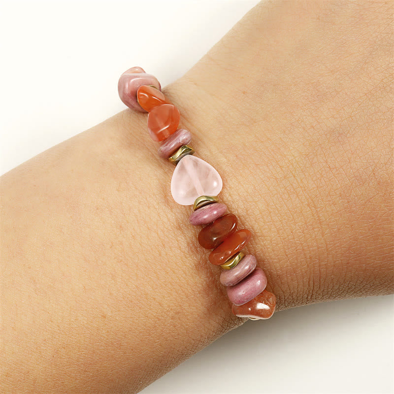 Bracelet de relations en quartz rose avec rhodonite et cornaline pour l'amour