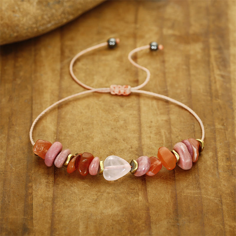 Bracelet de relations en quartz rose avec rhodonite et cornaline pour l'amour