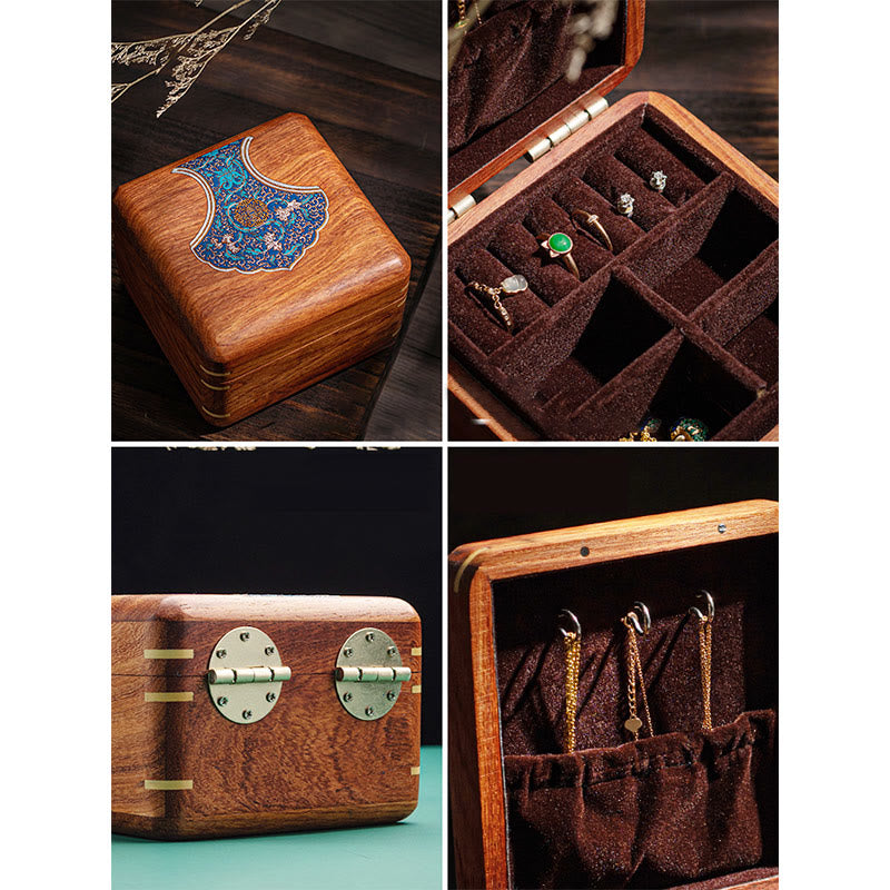 Coffret à bijoux en palissandre avec motif floral et feuilles antiques - Rangement fait main