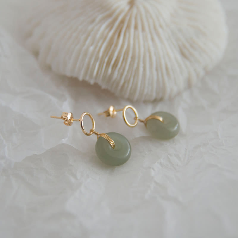 Boucles d'oreilles pendantes rondes en jade avec boucle de paix pour la prospérité