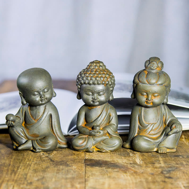 Ensemble de 3 statues de Bouddha en fonte rouillée pour la méditation à domicile