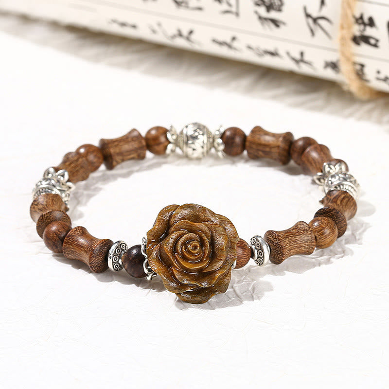 Bracelet de guérison en bois de santal, bambou et camélia, poignet de 14 à 16 cm