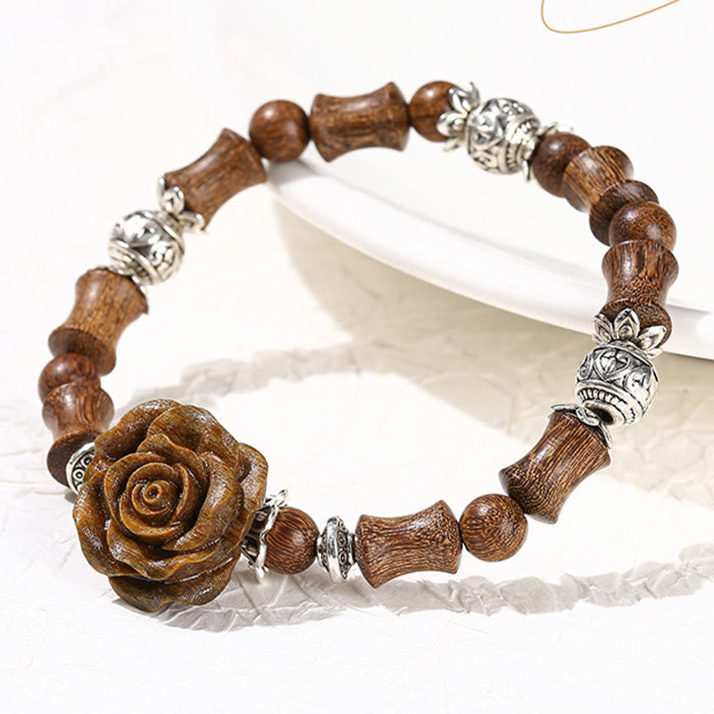 Bracelet de guérison en bois de santal, bambou et camélia, poignet de 14 à 16 cm