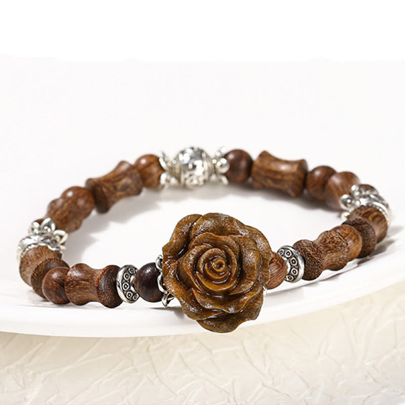 Bracelet de guérison en bois de santal, bambou et camélia, poignet de 14 à 16 cm