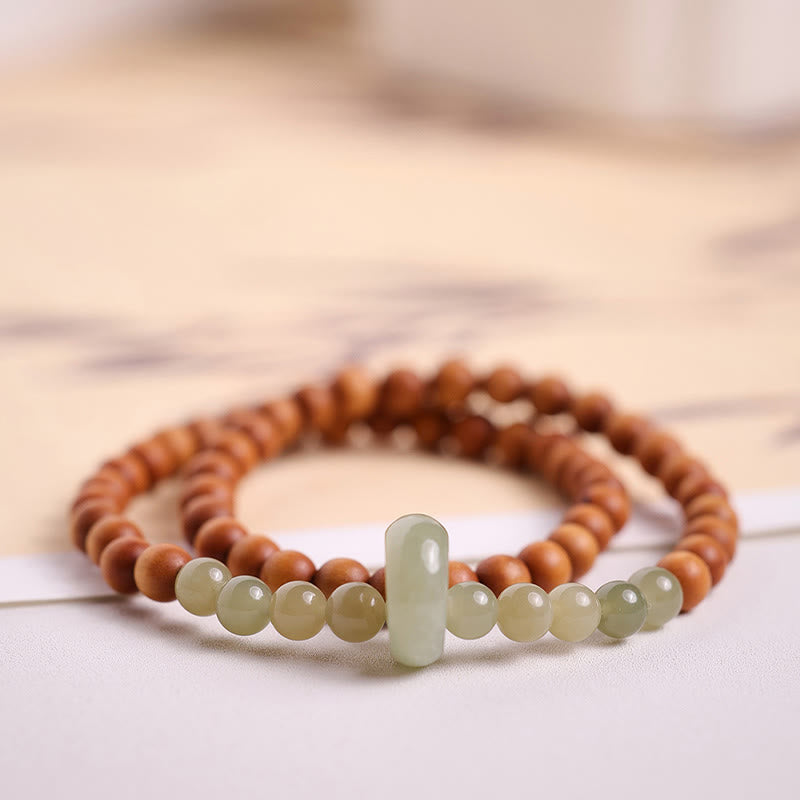 Bracelet de protection double tour en bois de santal et jade Hetian