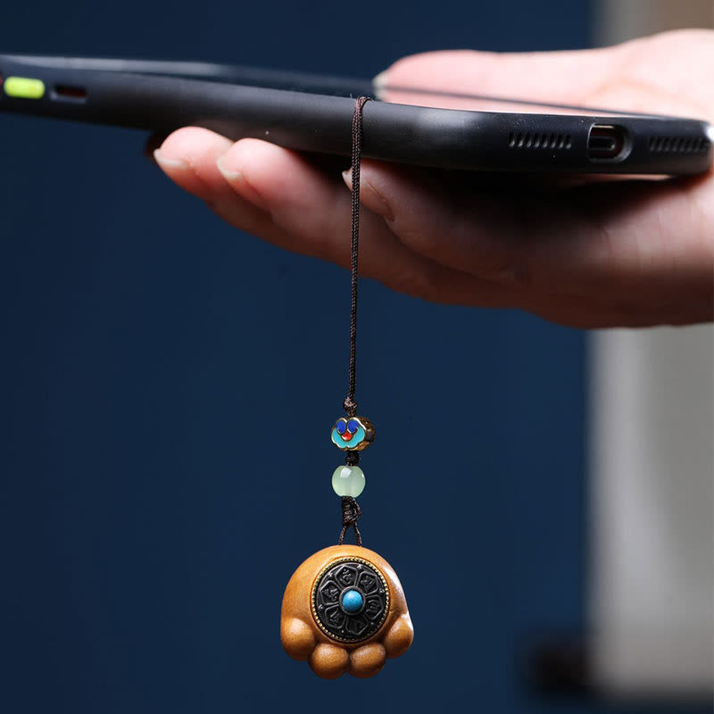 Pendentif de protection en bois de santal pour téléphone avec breloque en forme de patte de chat porte-bonheur