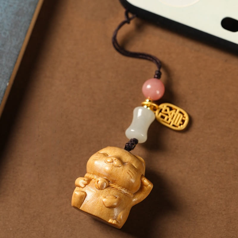 Porte-clés de protection spirituelle en bois de santal avec breloque chat porte-bonheur