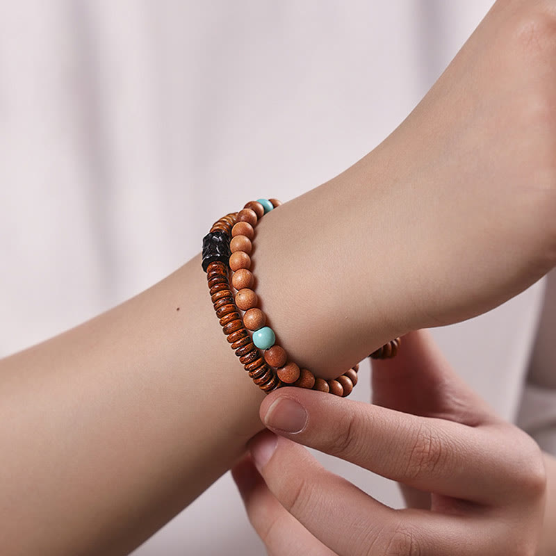 Bracelet de protection double tour en bois de santal turquoise 6 mm