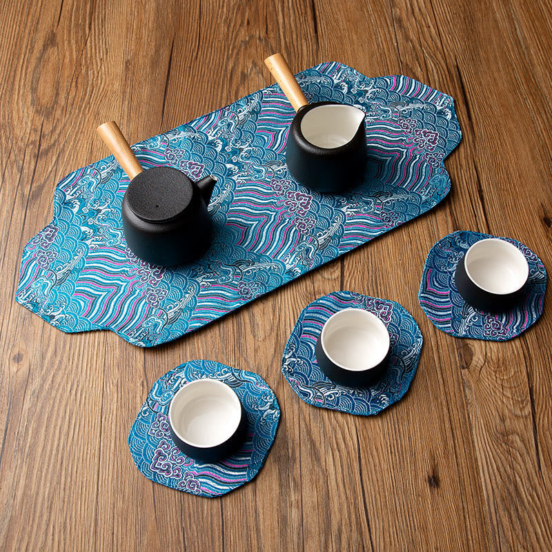 Set de thé en brocart de bambou et fleurs de prunier, motif vagues de la mer, 48 x 22 cm, décoration zen