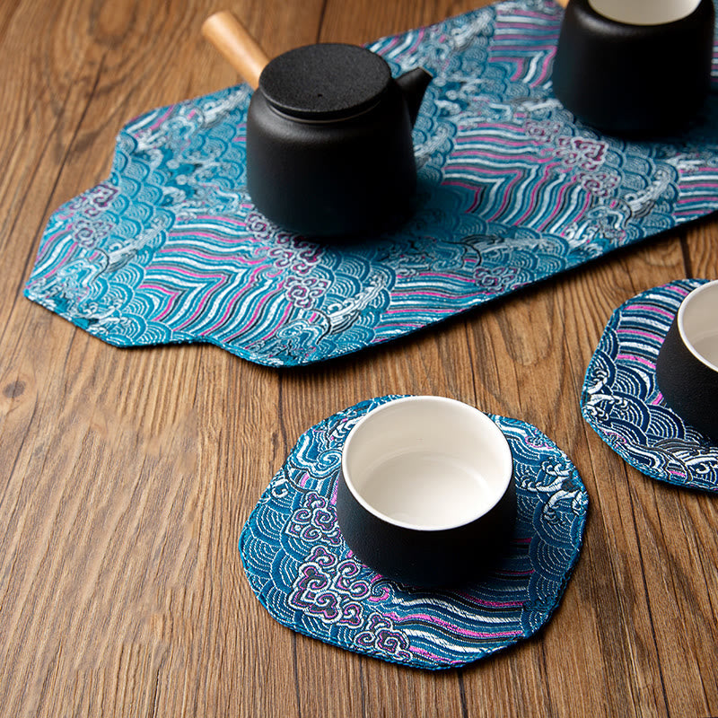 Set de thé en brocart de bambou et fleurs de prunier, motif vagues de la mer, 48 x 22 cm, décoration zen
