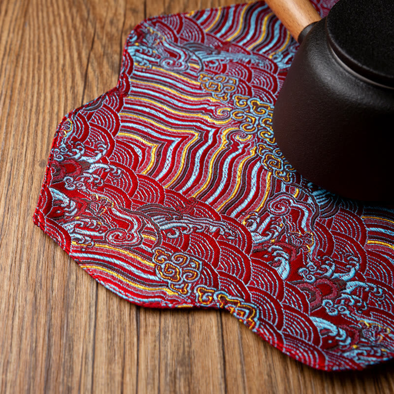 Set de thé en brocart de bambou et fleurs de prunier, motif vagues de la mer, 48 x 22 cm, décoration zen