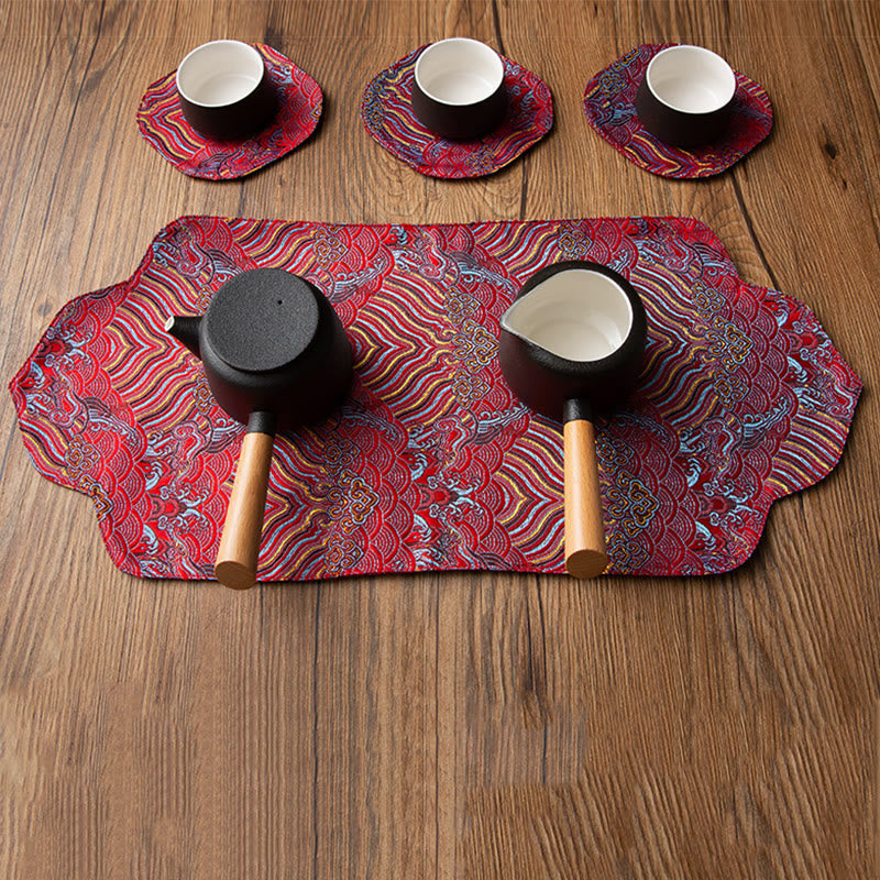 Set de thé en brocart de bambou et fleurs de prunier, motif vagues de la mer, 48 x 22 cm, décoration zen