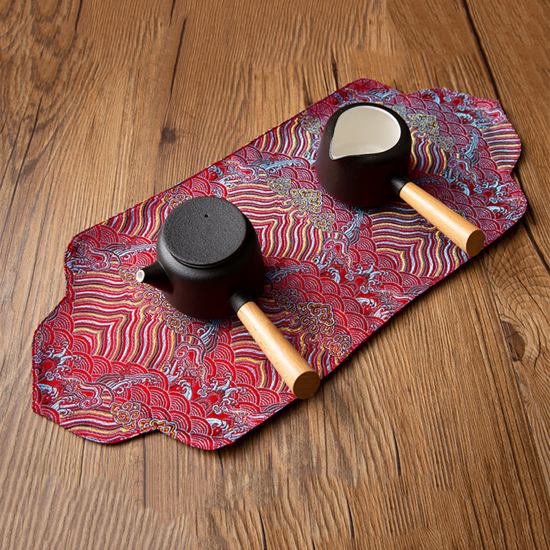 Set de thé en brocart de bambou et fleurs de prunier, motif vagues de la mer, 48 x 22 cm, décoration zen