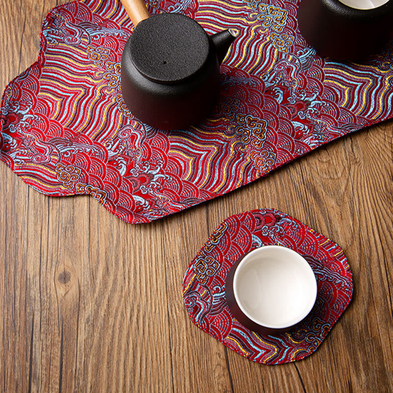 Set de thé en brocart de bambou et fleurs de prunier, motif vagues de la mer, 48 x 22 cm, décoration zen