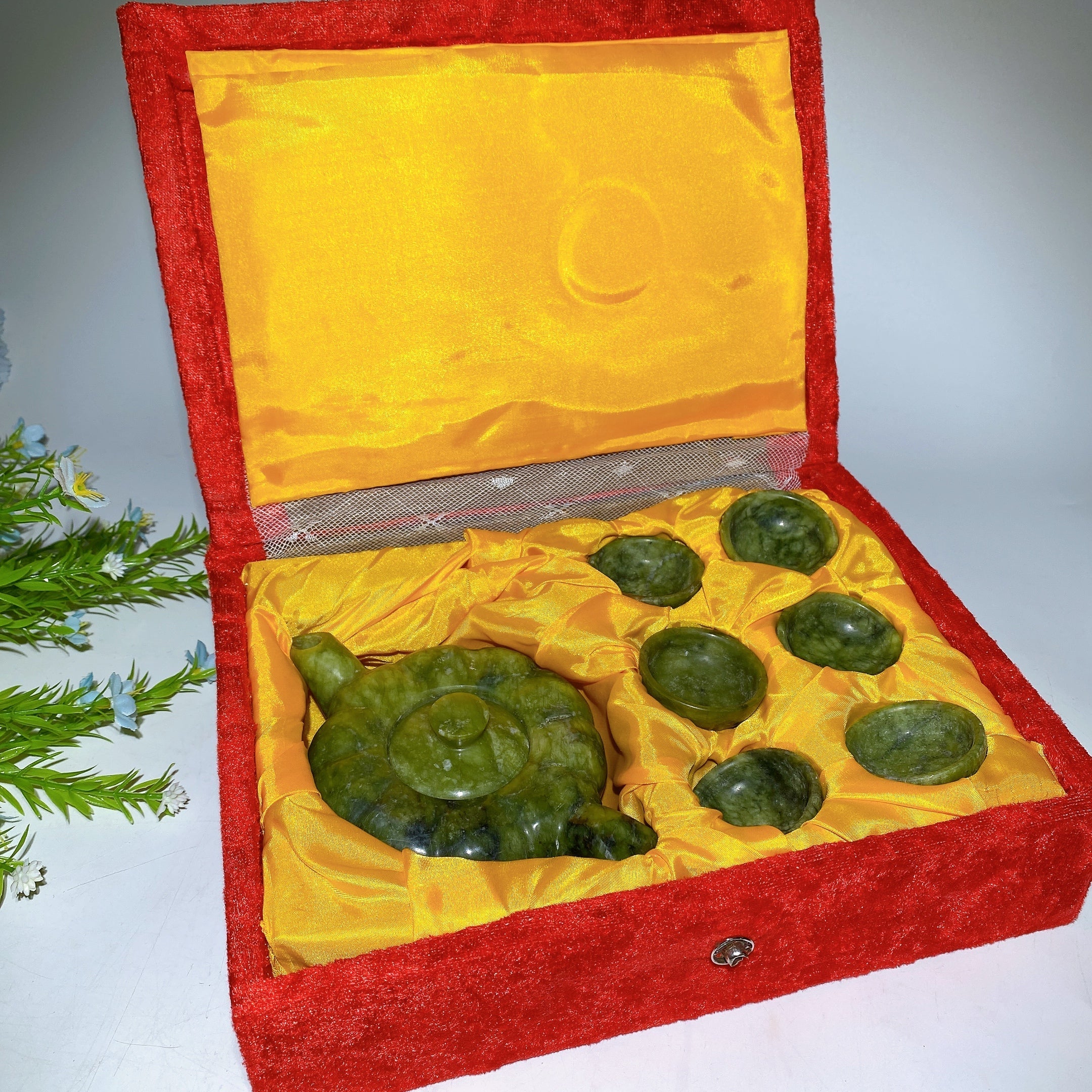 Service à thé en cristal serpentin avec coffret cadeau pour la guérison