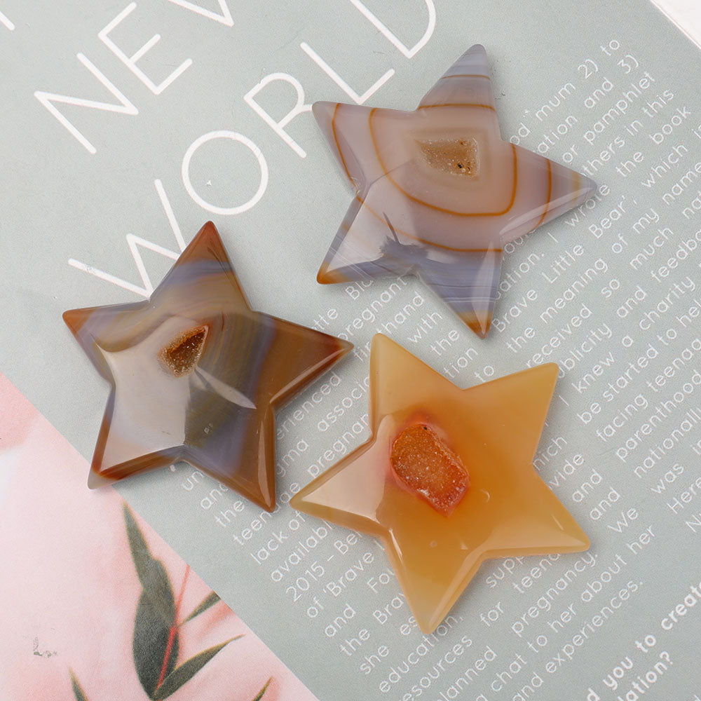 Set of 3 Druzy Agate 2-Inch Star Carvings for Healing