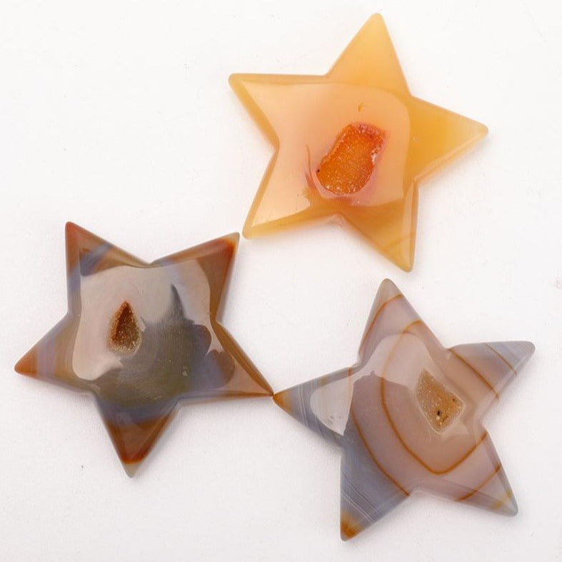 Set of 3 Druzy Agate 2-Inch Star Carvings for Healing