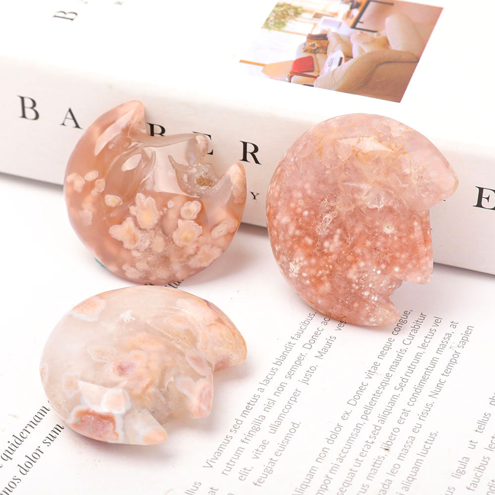 Set of 3 Flower Agate Moon Shape Carvings 2 inch