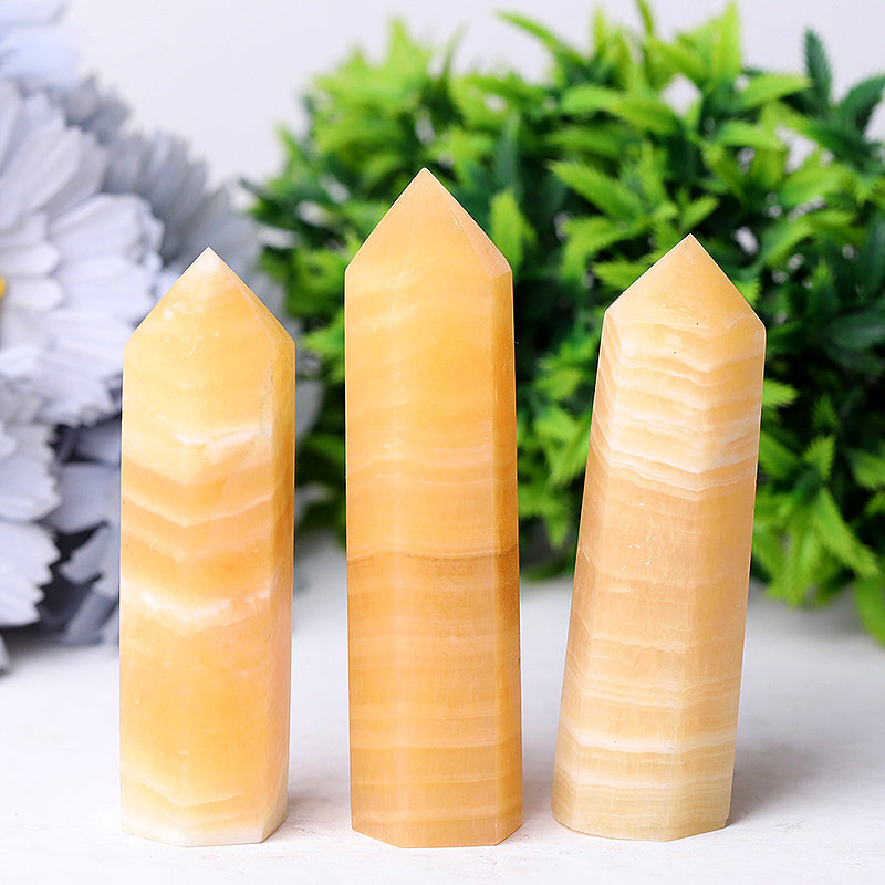 Set of 3 Honey Calcite Crystal Points 3-4 Inch Healing