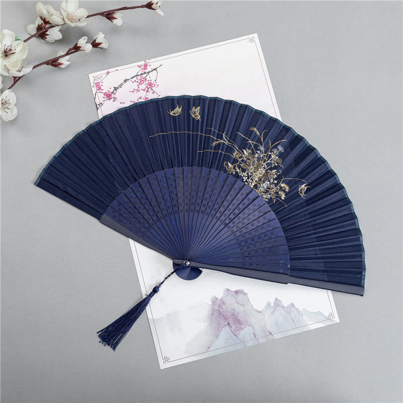 Éventail chinois pliable en soie et bambou 22,5 cm avec motifs grues et libellules