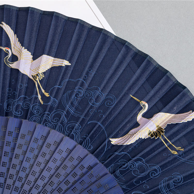 Éventail chinois pliable en soie et bambou 22,5 cm avec motifs grues et libellules