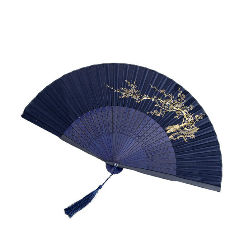 Éventail chinois pliable en soie et bambou 22,5 cm avec motifs grues et libellules