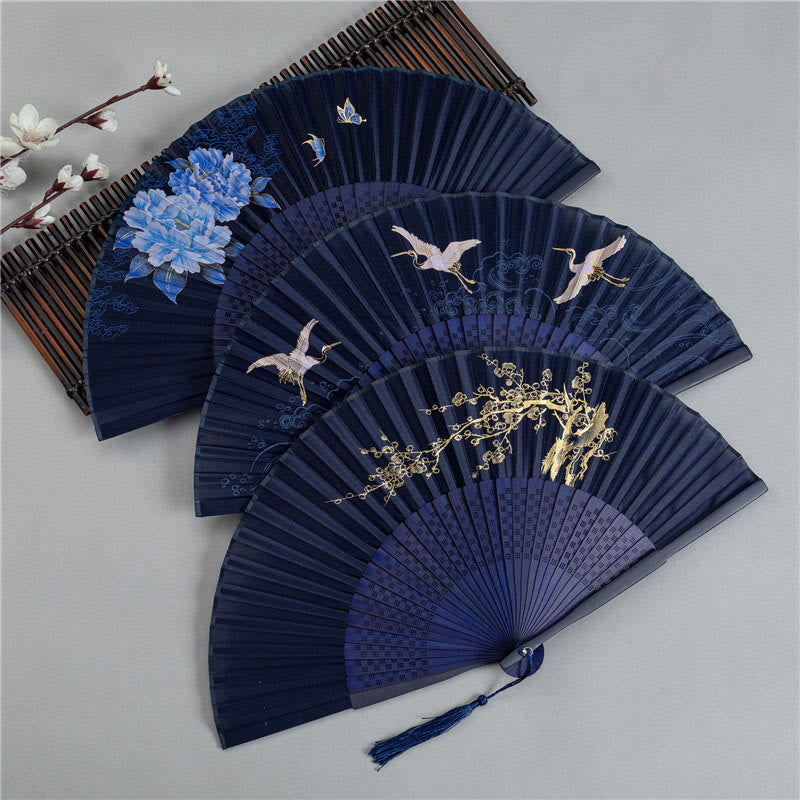 Éventail chinois pliable en soie et bambou 22,5 cm avec motifs grues et libellules