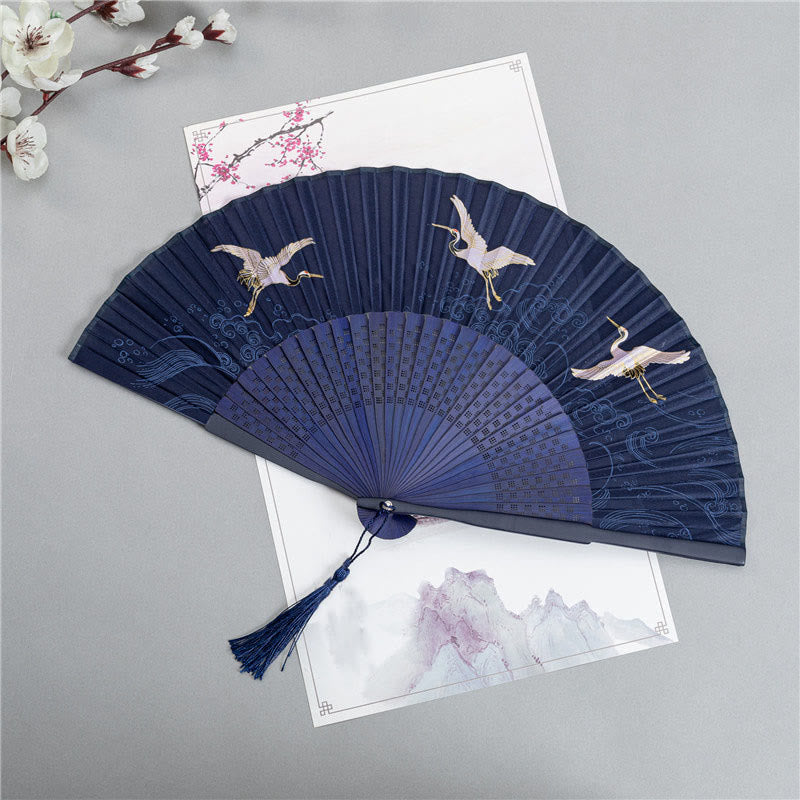 Éventail chinois pliable en soie et bambou 22,5 cm avec motifs grues et libellules