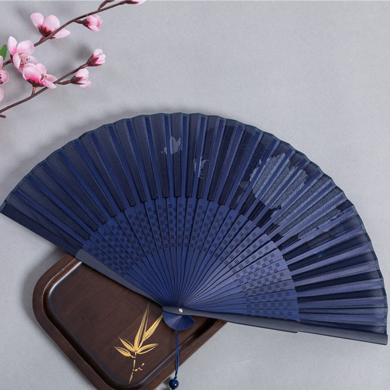 Éventail chinois pliable en soie et bambou 22,5 cm avec motifs grues et libellules