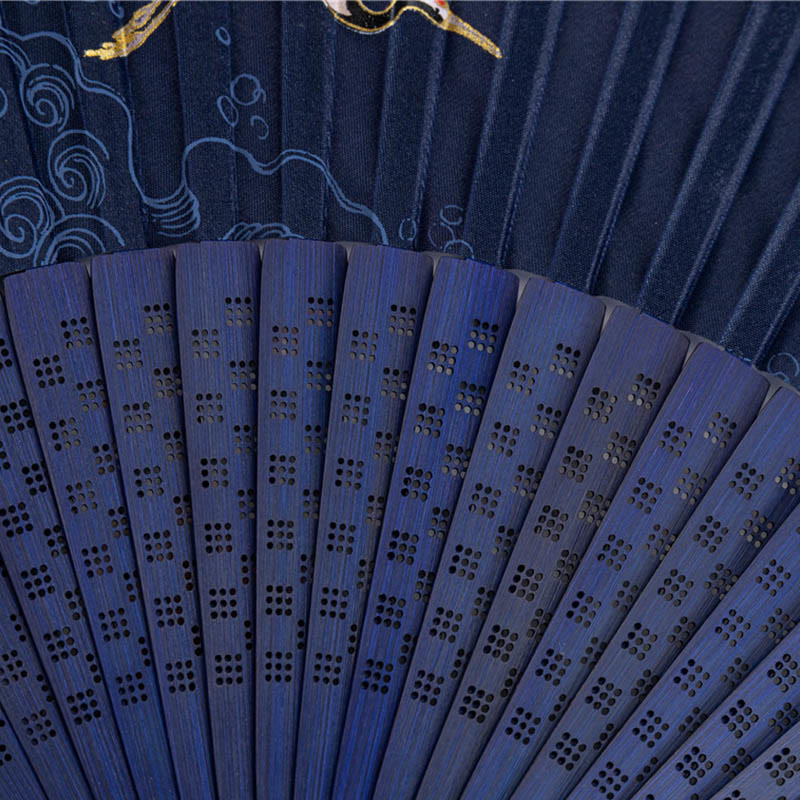 Éventail chinois pliable en soie et bambou 22,5 cm avec motifs grues et libellules