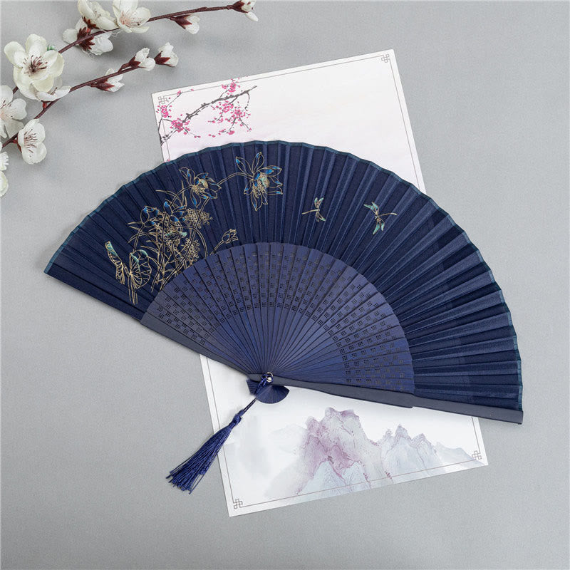 Éventail chinois pliable en soie et bambou 22,5 cm avec motifs grues et libellules