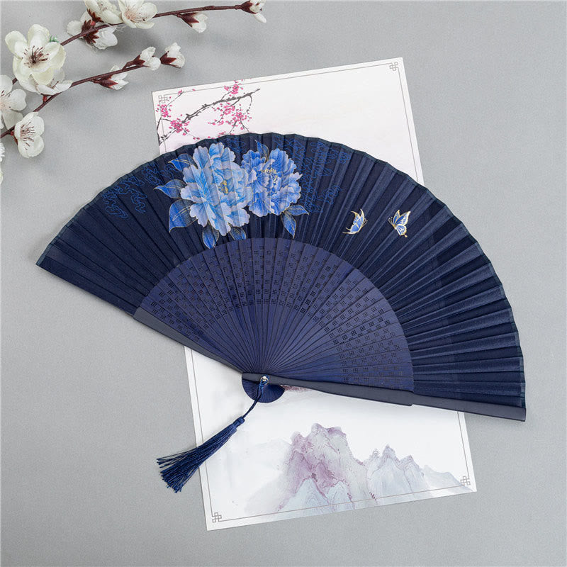 Éventail chinois pliable en soie et bambou 22,5 cm avec motifs grues et libellules
