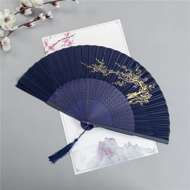 Éventail chinois pliable en soie et bambou 22,5 cm avec motifs grues et libellules