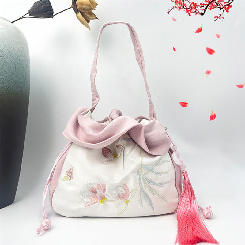 Sac fourre-tout en soie | Sac de yoga brodé à fleurs 20 cm