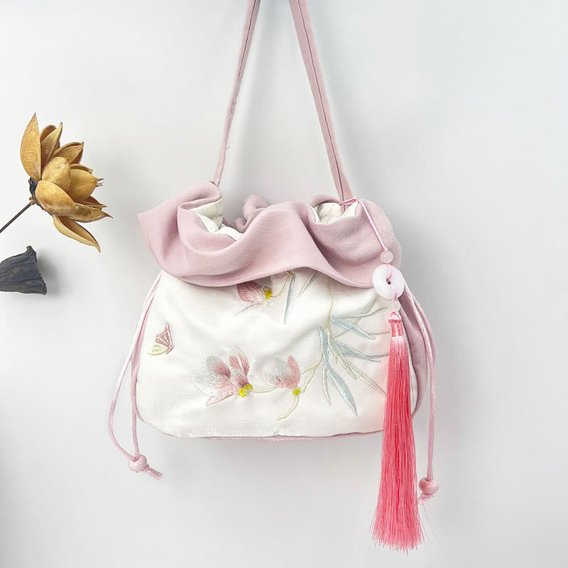 Sac fourre-tout en soie | Sac de yoga brodé à fleurs 20 cm