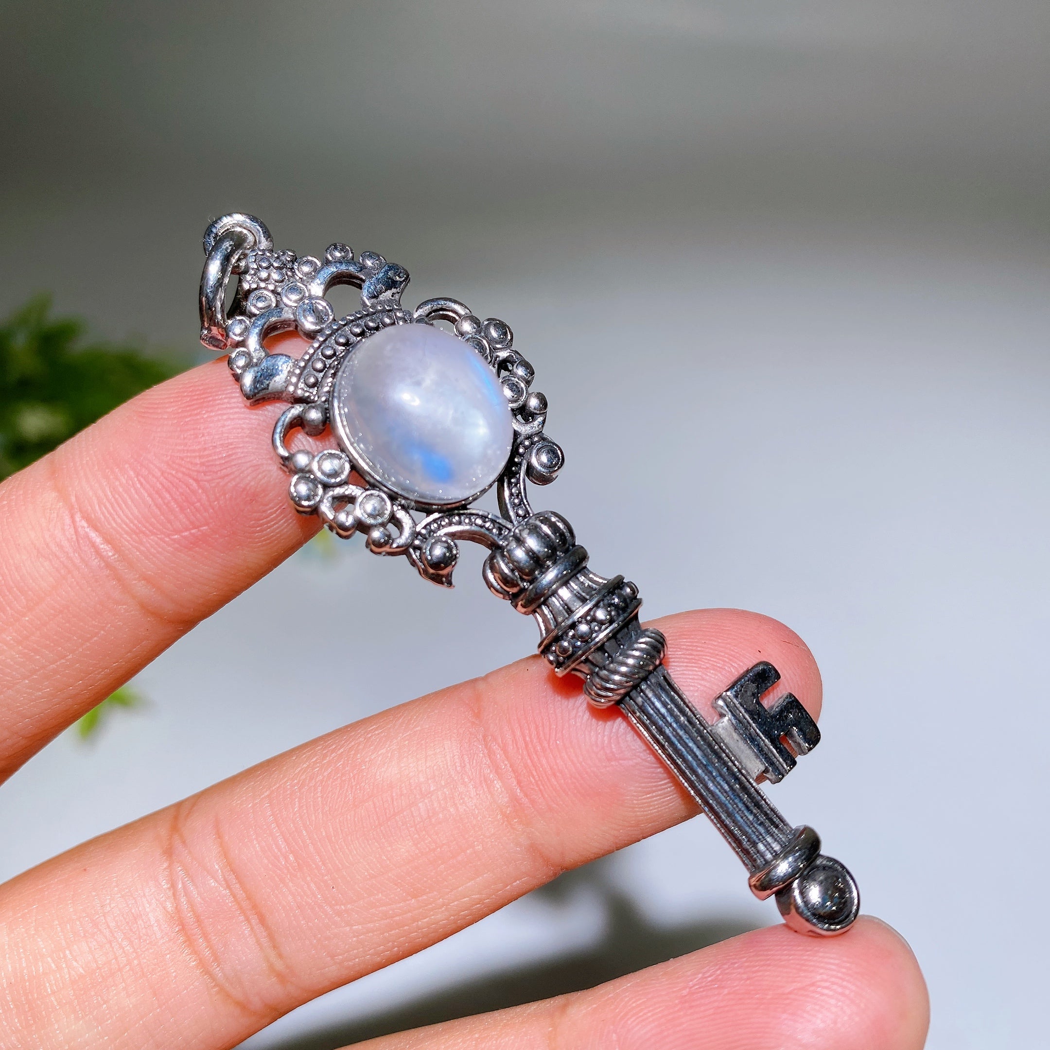 Silver Crystal Key Pendant with Healing Gemstones 65mm