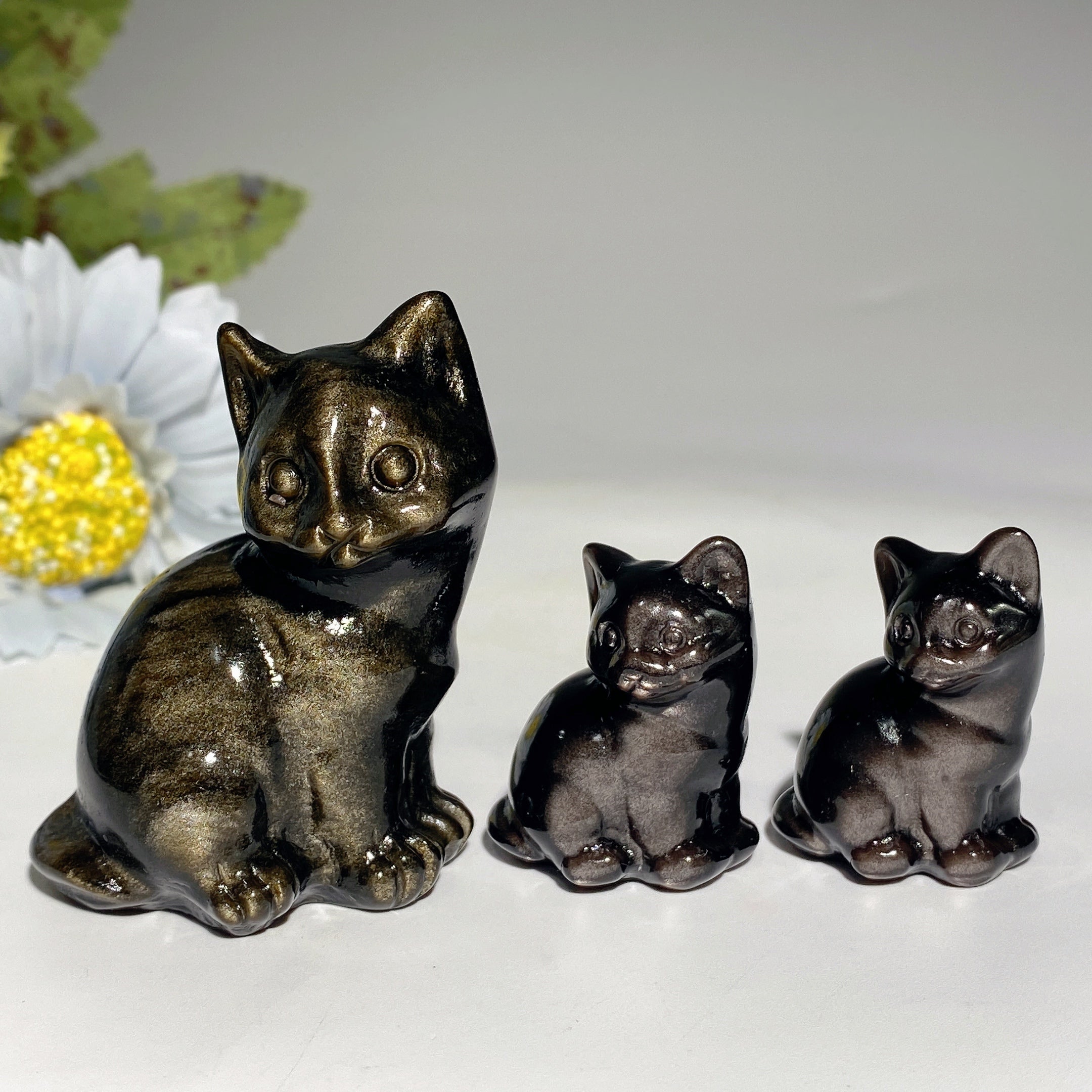 Figurines de chat en cristal d'obsidienne argentée et dorée de 3,6 à 5,8 cm