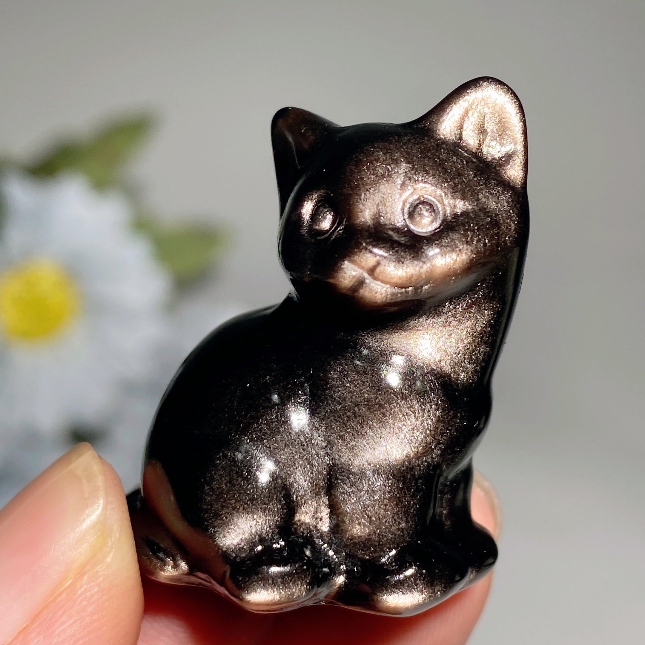 Figurines de chat en cristal d'obsidienne argentée et dorée de 3,6 à 5,8 cm