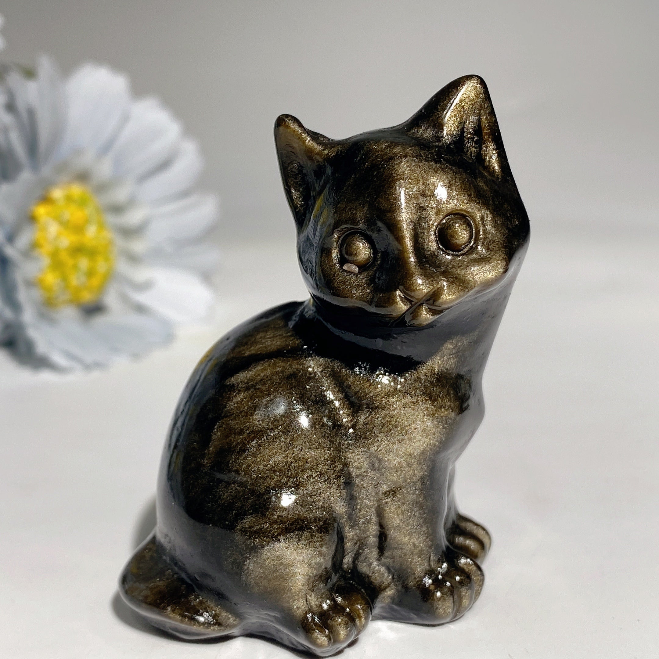 Figurines de chat en cristal d'obsidienne argentée et dorée de 3,6 à 5,8 cm